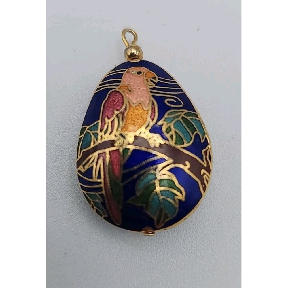 Vintage Cloisonne Enamel Parrot Bird Pendant Teardrop Gold Tone Blue Pink Charm